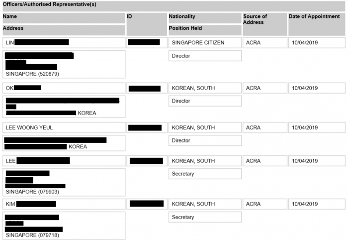 싱가포르 기업청에 등록된 4TBF PTE. LTD. 운영진 명단.