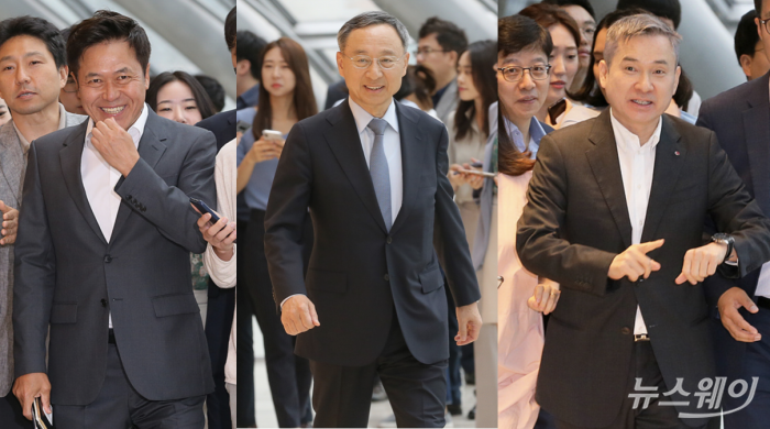 사진 왼쪽부터 박정호 SK텔레콤 사장, 황창규 KT 회장, 하현회 LG유플러스 부회장. 사진=이수길 기자.