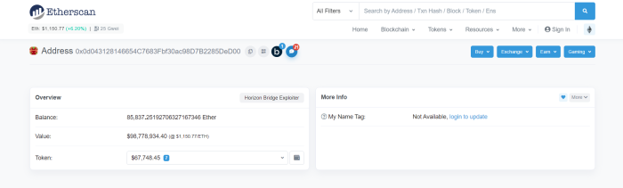 하모니가 지목한 도난 범인 지갑 주소 / Etherscan