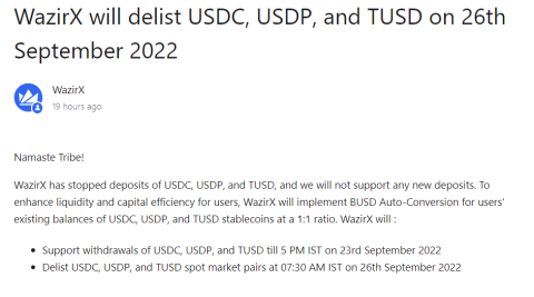 와지르엑스, 스테이블코인 3종 상폐···USDT 제외