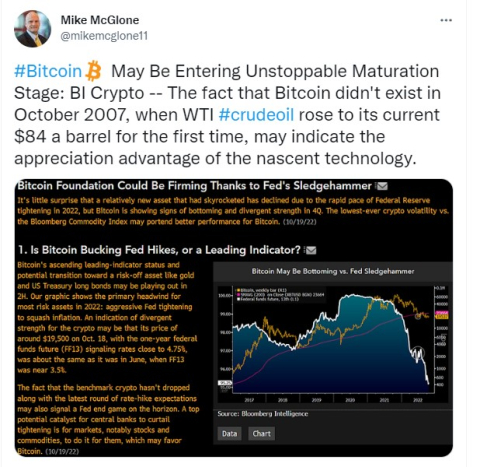 블룸버그 전략가 맥글론 "비트코인, 자산으로 성숙 단계 돌입"