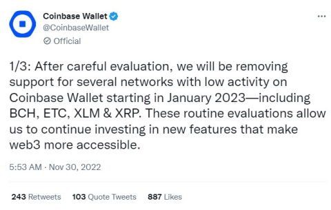 코인베이스 월렛, BCH·ETC·XRP 등 지원 종료···'낮은 사용률'