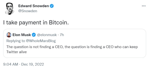 前 미국 정보요원 스노든, 트위터 CEO 지원···"급여 BTC"