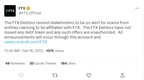 FTX, 거래소 제휴 '가짜 채무 토큰' 사기 경고