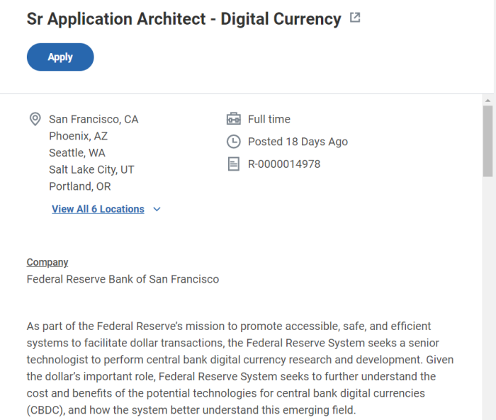 샌프란시스코 연은, CBDC 선임 개발자 구인 나서 기사의 사진
