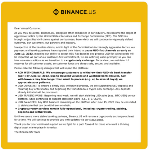 바이낸스US, 달러 입출금 중단···美 SEC 제소 여파