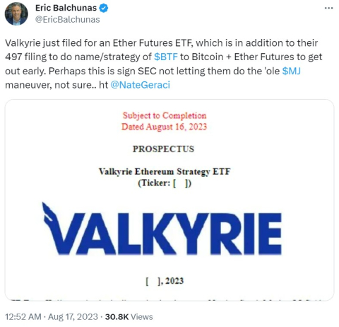 美 암호화폐 자산운용사 발키리, 이더리움 선물 ETF 신청