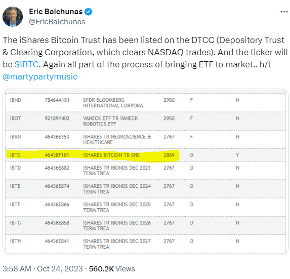 에릭 발추나스 블룸버그 수석 애널리스트가 자신의 X 계정을 통해 블랙록 'IBTC'의 DTCC 상장을 언급했다. 사진=에릭 발추나스 X 계정 캡처