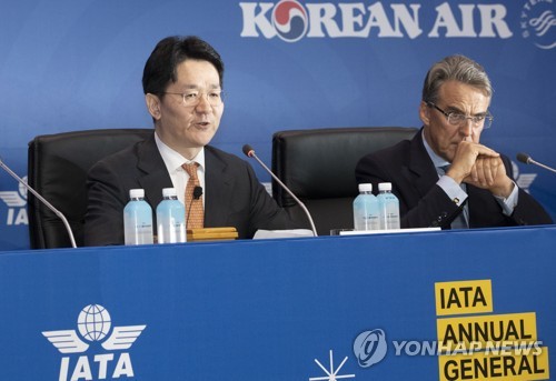 IATA 연차총회에서 발언하는 조원태 사장. 사진=연합뉴스