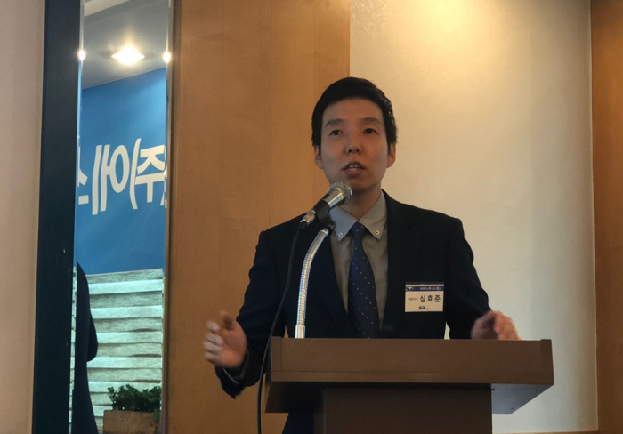 심효준 에스피시스템스 대표가 26일 여의도에서 열린 기자간담회에서 발언하고 있다./사진=허지은 기자