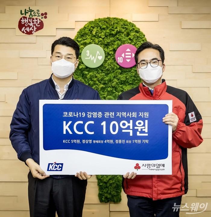 지난달 28일 성금 전달식에 참석한 (왼쪽부터) 심재국 KCC 상무, 김효진 사랑의열매 본부장이 기념사진을 찍고 있다. 사진=KCC 제공