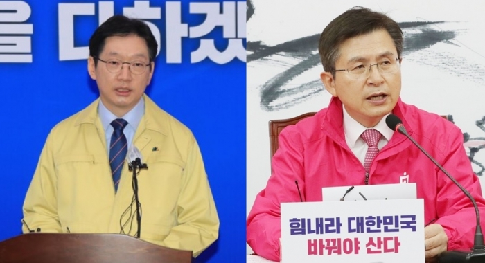 재난기본소득을 주장한 김경수 경남지사와 40조원 긴급구호자금 제안한 황교안 미래통합당 대표. 사진=연합뉴스 제공