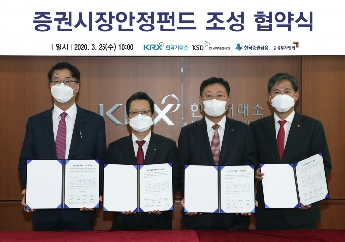 4개 증권유관기관은 25일 오전10시 한국거래소 서울사옥에서 증권시장안정펀드 7600억원 조성을 위한 업무협약을 체결하였다. 왼쪽부터 이명호 한국예탁결제원 사장, 정지원 한국거래소 이사장, 나재철 한국금융투자협회 회장, 정완규 한국증권금융 사장/사진=한국거래소