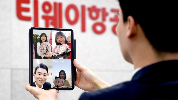 티웨이항공은 지난 25일 청주~제주 취항을 기념해 랜선(온라인) 취항식을 가졌다. 코로나19로 사회적거리두기가 강조된 시점에 기획됐다. 사진=티웨이항공 제공