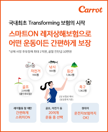 캐롯손해보험은 20여개 레저활동을 할 때마다 상해담보 변경이 가능한 트랜스포밍(Transforming)형 레저상해보험 ‘스마트온(ON) 레저상해보험’을 판매한다. 사진=캐롯손해보험