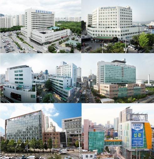 (왼쪽 상단부터 시계방향으로)한림대학교성심병원, 한림대학교춘천성심병원, 한림대학교동탄성심병원, 한림대학교강남성심병원 신관, 한림대학교강남성심병원 본관, 한림대학교한강성심병원