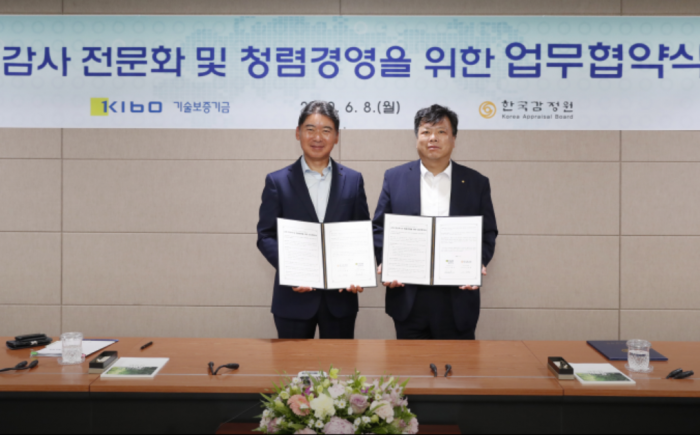 한국감정원은 8일 기술보증기금 본사에서 ‘감사청렴부문 업무협약식’을 개최했다.(좌측부터, 기술보증기금 박세규 감사, 한국감정원 이성훈 감사) 사진=한국감정원 제공