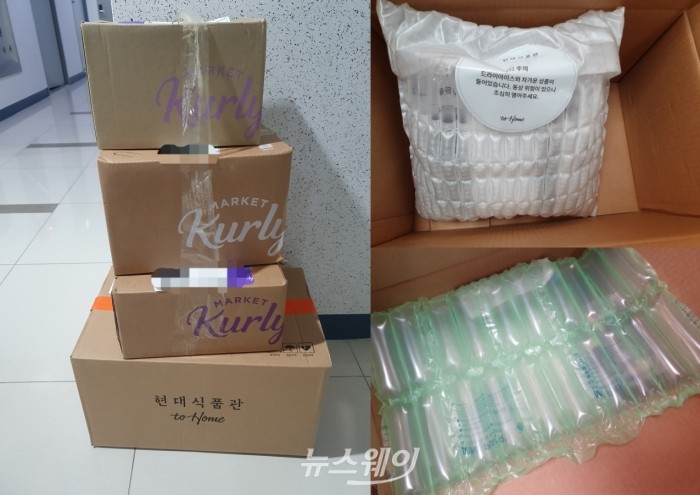 왼쪽은 현대식품관 투홈과 마켓컬리 제품을 현관 앞에 배송 받은 모습. 오른쪽은 현대식품관 투홈의 포장 상태. 사진=정혜인 기자 hij@