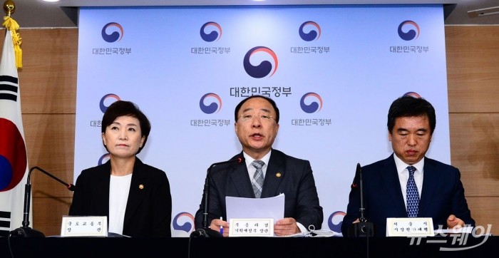 3일 정부청사에서 (왼쪽부터)김현미 국토부장관, 홍남기 경제부총리, 서정협 서울특별시장 권한대행이 주택공급 방안을 브리핑하고 있다. 사진=이수길 기자 leo2004@newsway.co.kr