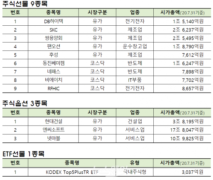 한국거래소는 주식선물 9종목과 주식옵션 3종목, ETF(상장지수펀드)선물 1종목 등 총 13종목을 오는 9월 7일 추가 상장한다고 5일 밝혔다./자료=한국거래소