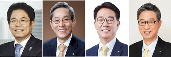 KB금융지주 이사회 내 회장후보추천위원회는 16일 오전부터 서울 여의도 KB국민은행 본점에서 회의를 열고 차기 회장 후보 숏리스트 대상자 4명에 대한 심층 면접 인터뷰와 회장 후보 결정을 위한 투표를 진행한다. 사진 왼쪽부터 김병호 전 하나금융 부회장, 윤종규 KB금융 회장, 이동철 KB국민카드 대표, 허인 KB국민은행장. 사진=KB금융지주 제공
