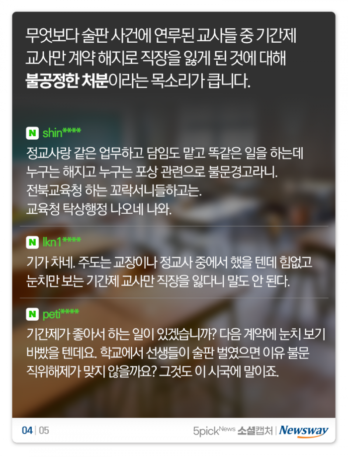 빈 학교서 술판 벌인 교사들 “기간제만 잘려? 기가 차네” 기사의 사진