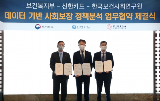 13일 서울 중구 웨스틴조선호텔에서 데이터 기반의 사회보장정책 분석 분석을 위한 업무협약을 체결한 박능후 보건복지부 장관(가운데)과 임영진 신한카드 사장(왼쪽), 조흥식 한국보건사회연구원 원장이 기념촬영을 하고 있다. 사진=신한카드