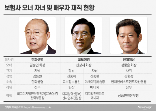 보험사 오너 자녀 및 배우자 재직 현황. 그래픽=박혜수 기자