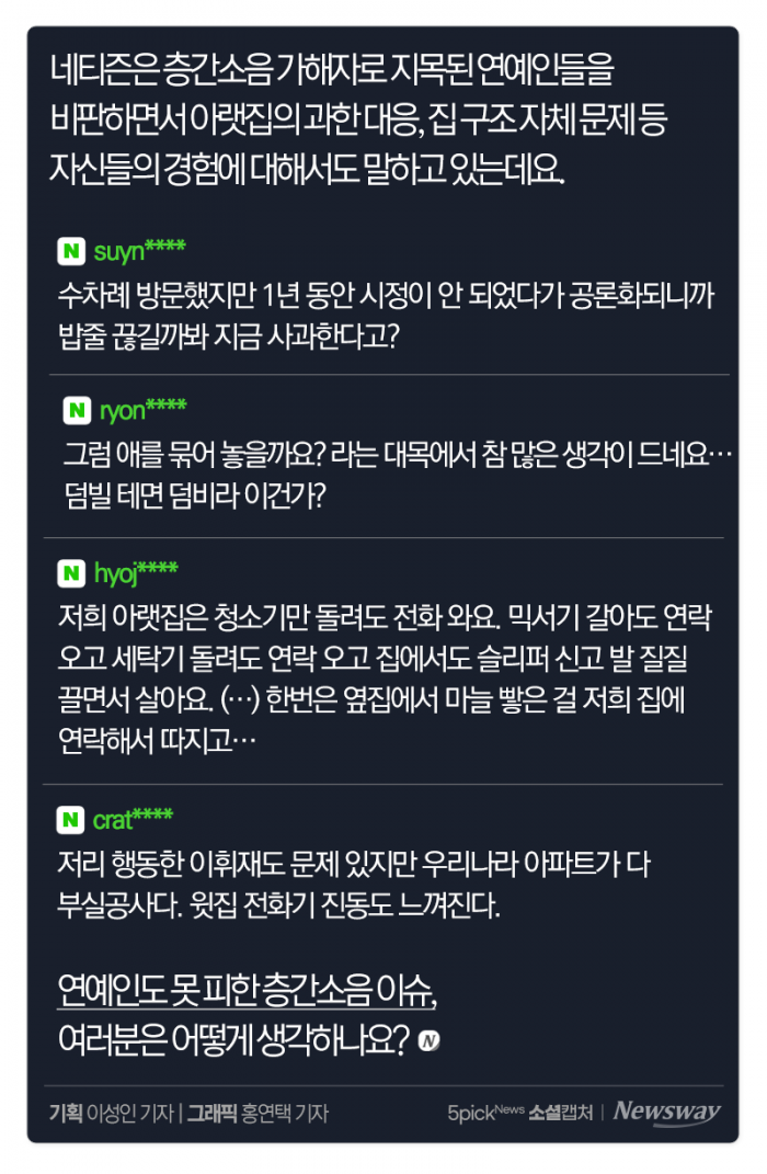 연예계 강타한 층간소음, “공론화되니 지금 와서 사과···?” 기사의 사진