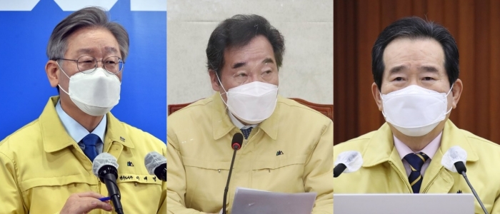 이재명 경기지사, 이낙연 더불어민주당 대표, 정세균 국무총리. 사진=연합뉴스