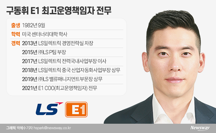 구자열 LS그룹 회장의 아들인 구동휘 전무는 2013년 LS산전 경영전략실을 시작으로 경영 수업을 받아왔으며, 근속 연수 9년째가 되는 올해 E1 COO로 자리를 옮겼다.
