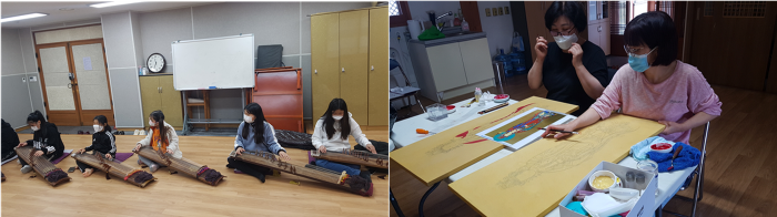 문명자 선생님 ‘청소년 가야금병창강좌’ 모습(왼쪽), 송광무 선생님 ‘탱화강좌’ 모습(오른쪽)