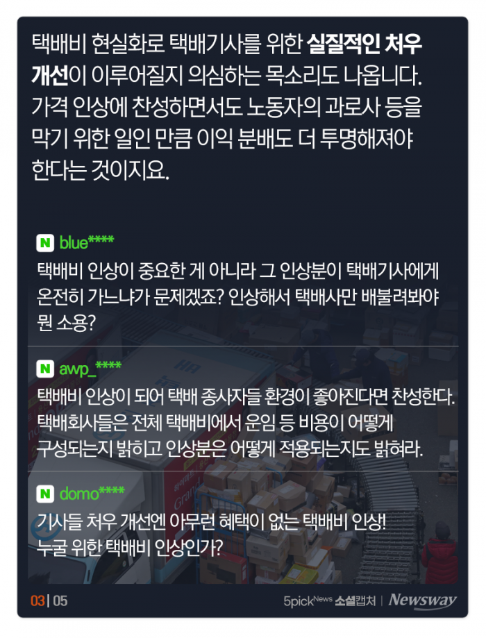 택배비 인상 본격화에 “택배사만 배불려봐야 뭔 소용?” 기사의 사진