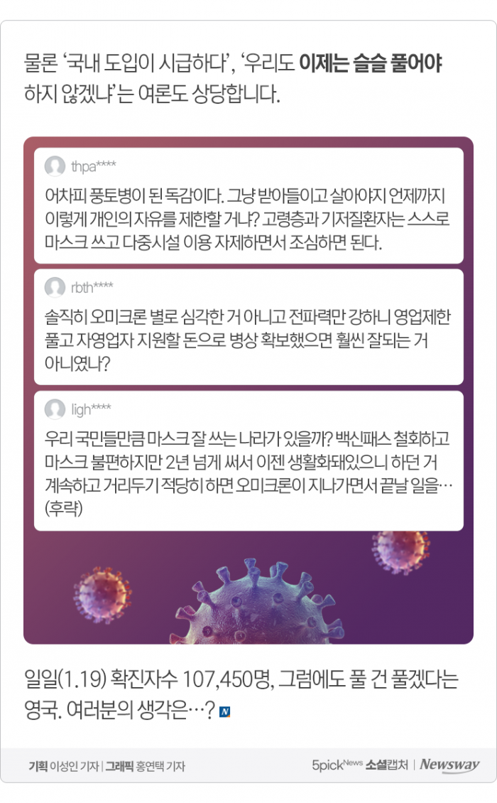 마스크 벗고 백신패스 없애는 영국···우리는? 네티즌 ‘갑론을박’ 기사의 사진