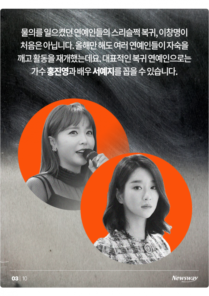 이창명·홍진영·서예지, 스리슬쩍 복귀···승리·고영욱은? 기사의 사진