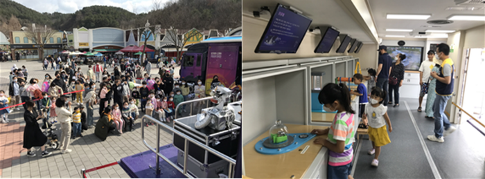 (좌)과학쇼 로봇댄스 공연을 관람하는 시민들 (우)루체리움 과학스쿨에서 전시체험하는 아이들