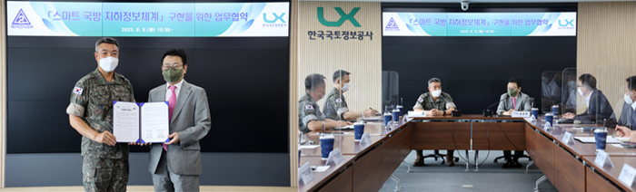 LX한국국토정보공사 최송욱 공간정보본부장(오른쪽)과 육군제2작전사령부 공병처장 현대중 준장(왼쪽)은 8월9일 LX본사에서 「스마트 국방 지하정보 체계」 구현을 위한 양해각서(MOU)를 체결했다.