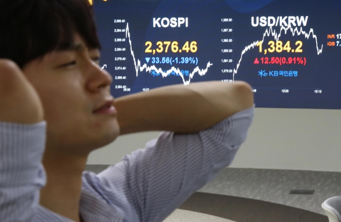 7일 오후 KB국민은행 딜링룸 모습. 원달러 환율이 이날 최대 1388.4원까지 치솟았다. 사진=KB국민은행 제공