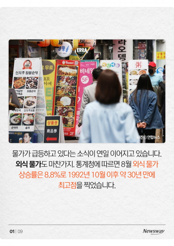외식 물가, 30년 만에 상승률 최고치···김밥 가격이 왜 이래? 기사의 사진