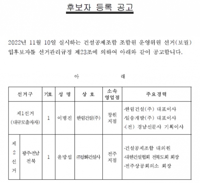 건설공제조합 후보자 공고. 자료 = 건설공제조합