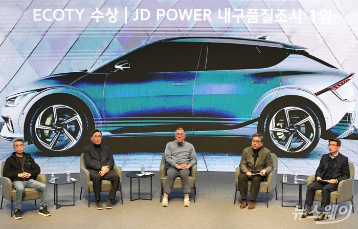 정의선(가운데) 현대자동차그룹 회장이 3일 오전 경기 화성 남양 현대차·기아 기술연구소 대강당에서 열린 '2023년 현대차그룹 신년회'에서 질의응답을 받고 있다. 이수길 기자 Leo2004@newsway.co.kr