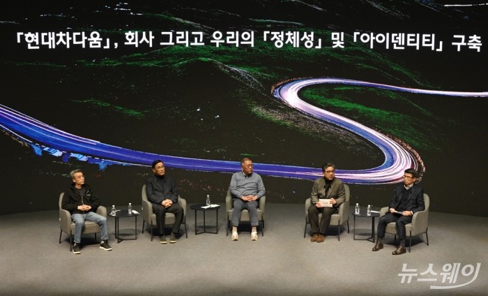 정의선 현대자동차그룹 회장이 3일 오전 경기 화성 남양 현대차·기아 기술연구소 대강당에서 열린 '2023년 현대차그룹 신년회'에서 새해 사업 방향성과 비전에 대해 설명하고 있다. 왼쪽부터 송창현 TaaS본부 및 차량SW담당 사장, 박정국 연구개발본부 사장, 정의선 현대차그룹 회장, 장재훈 현대차 사장, 송호성 기아 사장. 이수길 기자 Leo2004@newsway.co.kr