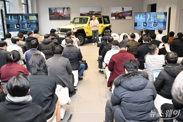 제이크 아우만 스텔란티스 코리아 사장이 3일 오전 서울 송파구 전용 전시장에서 열린 지프(Jeep)의 '더 뉴 2024 랭글러' 출시 기자간담회에서 실차를 발표하고 있다. 사진=강민석 기자 kms@newsway.co.kr