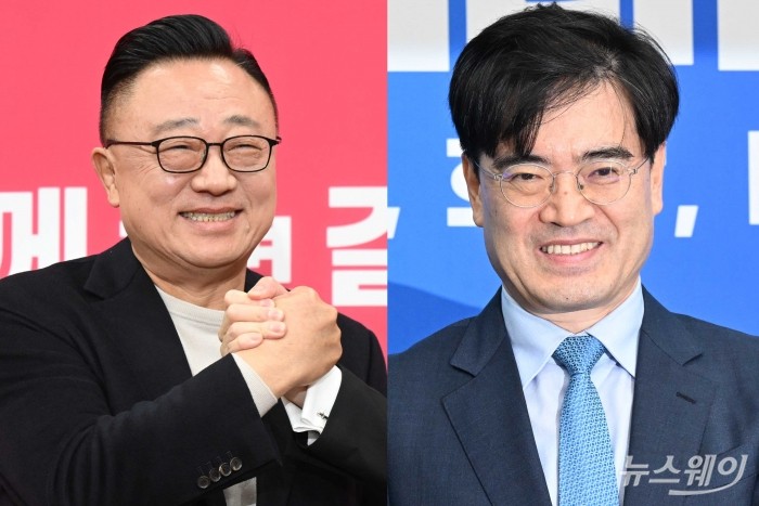 (왼쪽)국민의힘 인재로 영입된 고동진 前 삼성전자 사장 겸 IM부문장과 더불어민주당 인재로 영입된 공영운 前 현대자동차 사장이 22일 오전 서울 여의도 국회에 마련된 각 당대표 회의실에서 열린 국민인재 영입 환영식에 참석해 자리하고 있다. 사진=강민석 기자 kms@newsway.co.kr
