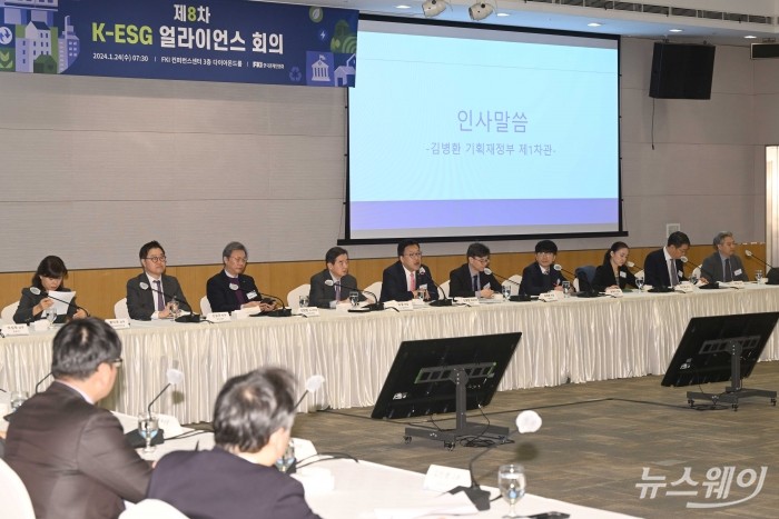 김병환 기획재정부 제1차관이 24일 오전 서울 여의도 한국경제인협회에서 열린 제8차 K-ESG 얼라이언스 회의에서 인사말을 하고 있다. 사진=강민석 기자 kms@newsway.co.kr