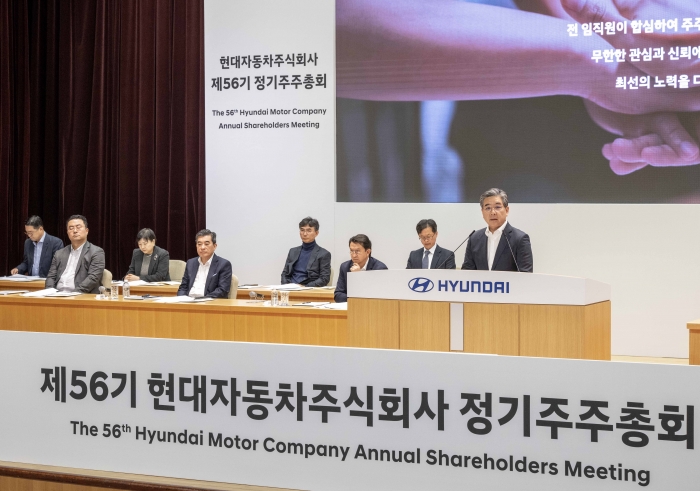 장재훈 현대차 사장이 21일 오전 서울 양재 본사에서 열린 56기 정기 주주총회에서 인사말을 하고 있다. 사진=현대차 제공