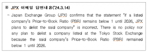 한국거래소 "일, 저PBR 미만 유지 기업 상폐 정책 없어"