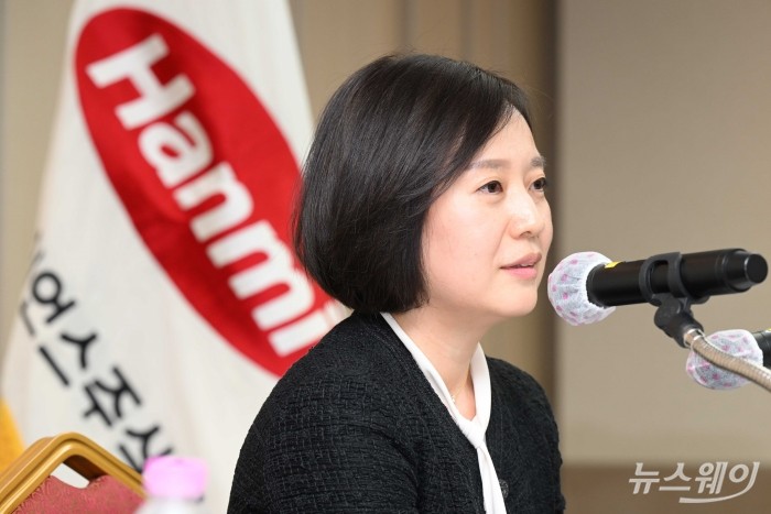 임주현 한미사이언스 사장이 25일 오후 서울 송파구 한미타워에서 열린 기자간담회에서 발언을 하고 있다. 사진=강민석 기자 kms@newsway.co.kr