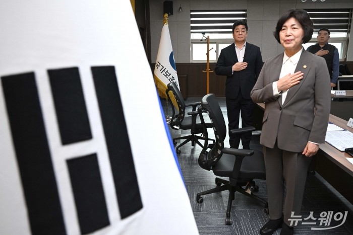 강정애 국가보훈부 장관과 백종원 더본코리아 대표가 26일 오후 서울 용산구 서울지방보훈청에서 열린 대한민국 보훈문화제 추진 및 보훈문화 확산을 위한 업무협약식에서 국민의례를 하고 있다. 사진=강민석 기자 kms@newsway.co.kr