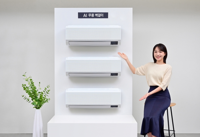 삼성전자 모델이 삼성스토어 청담점에서 '2024년 에너지효율개선사업 냉방 지원기기 보급사업자 선정' 공급 모델인 'AI 무풍 벽걸이'를 소개하는 모습이다. 사진=삼성전자 제공